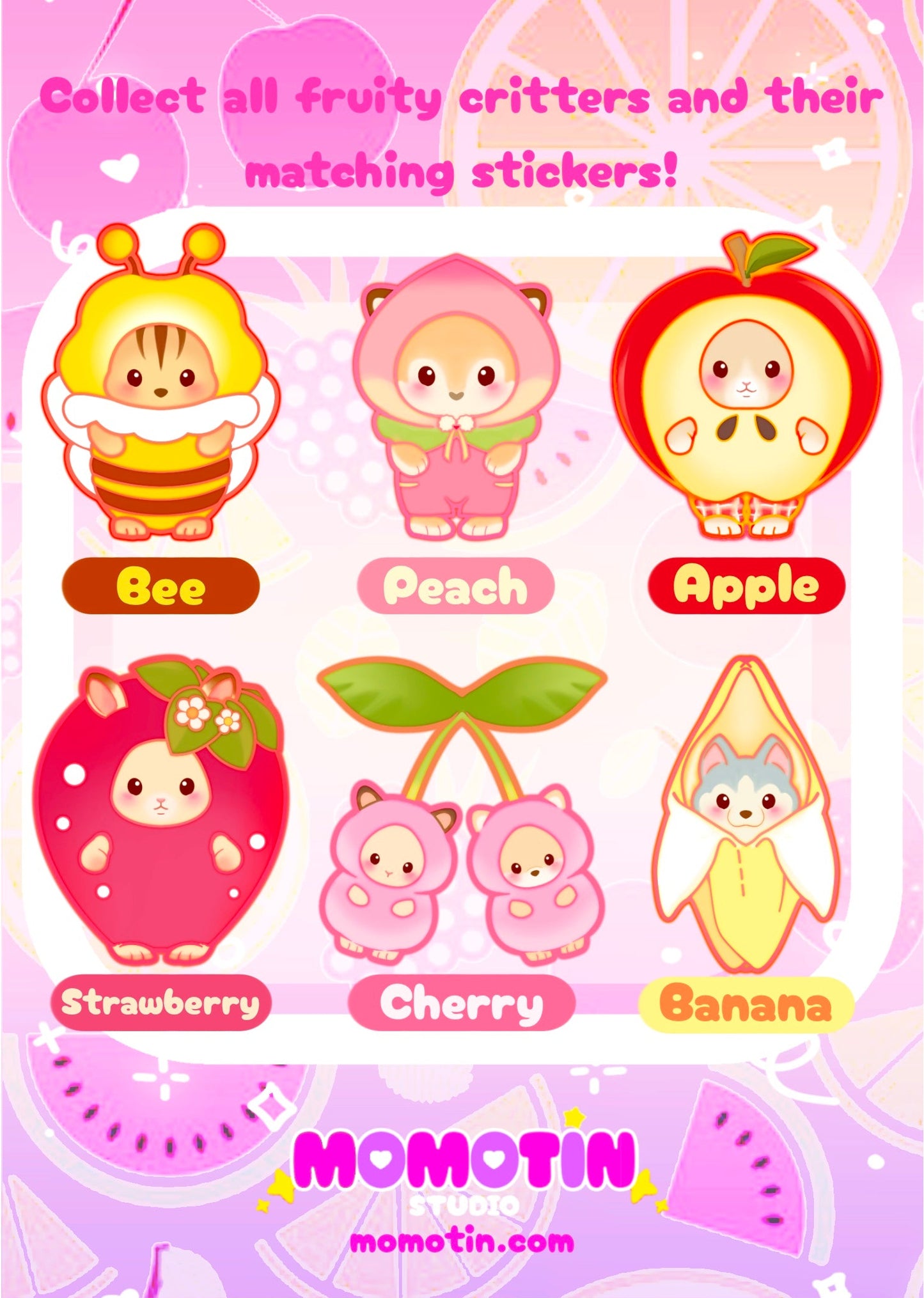 Packaging of colorful stickers with cartoon characters and fruit-themed designs on a pink background.