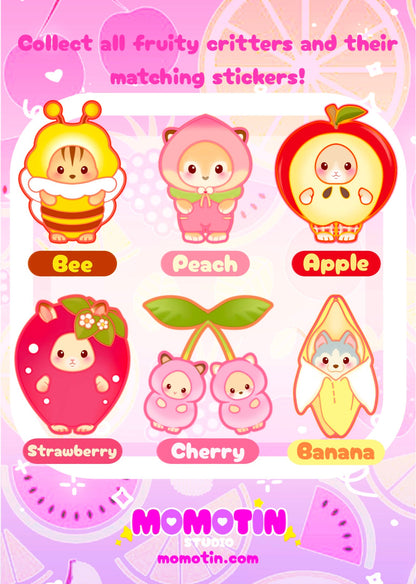 Packaging of colorful stickers with cartoon characters and fruit-themed designs on a pink background.