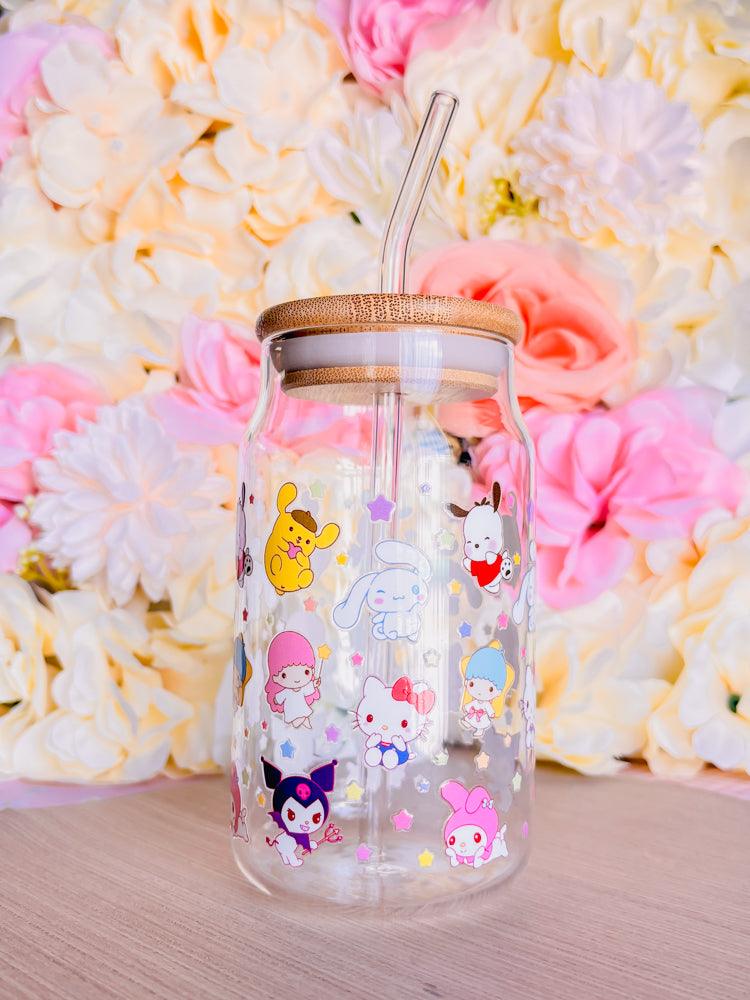 Kawaii Animal Friends 16oz | Glass Beer Can Cup with Bamboo Top - Momotin Studio