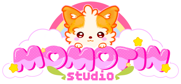 A colorful cartoon logo featuring a cute orange-and-white puppy peeking behind pink clouds and large pink text that reads 'MOMOTIN studio' 
