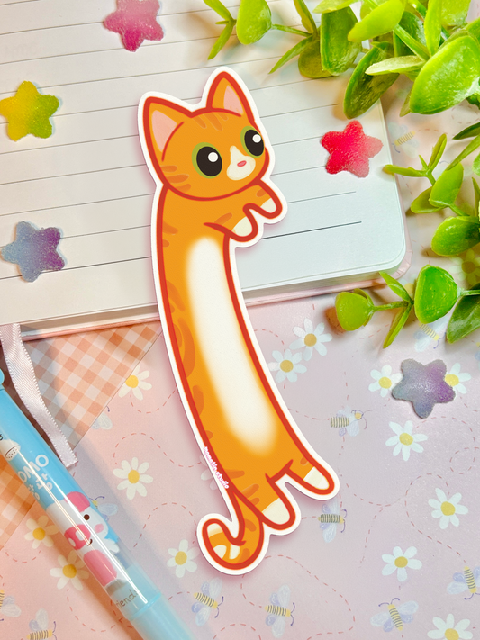 Long orange cat bookmark with striped and a white belly