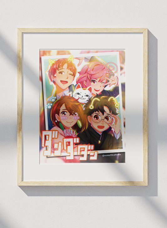 Framed artwork with colorful characters on a white wall